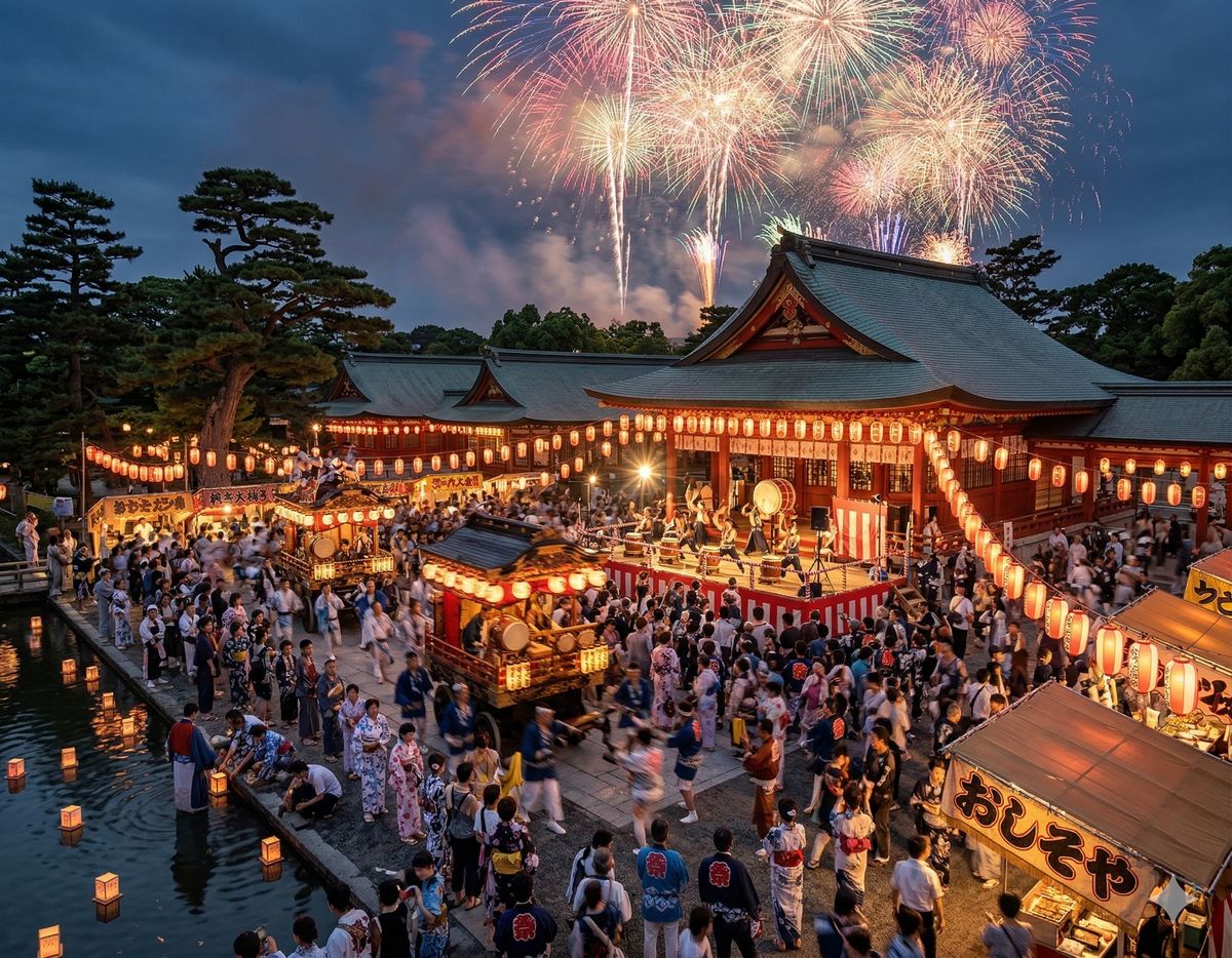 Japanese Festival with fireworks, lanterns, and shrine