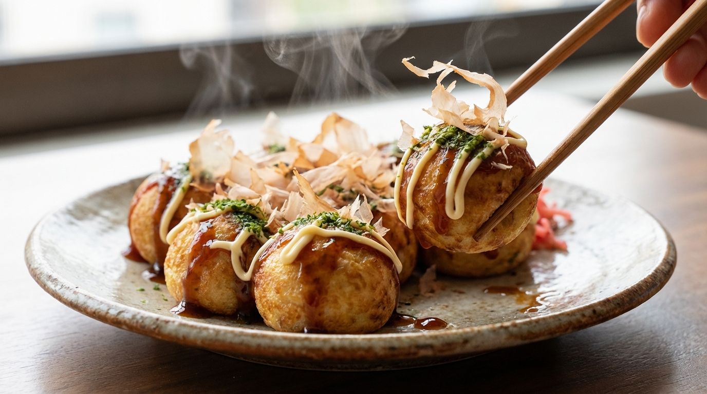 Cận cảnh takoyaki đang được bày trên đĩa, vàng nâu với cá bào nhảy múa từ hơi nóng, phủ sốt takoyaki và mayo kiểu bàn cờ