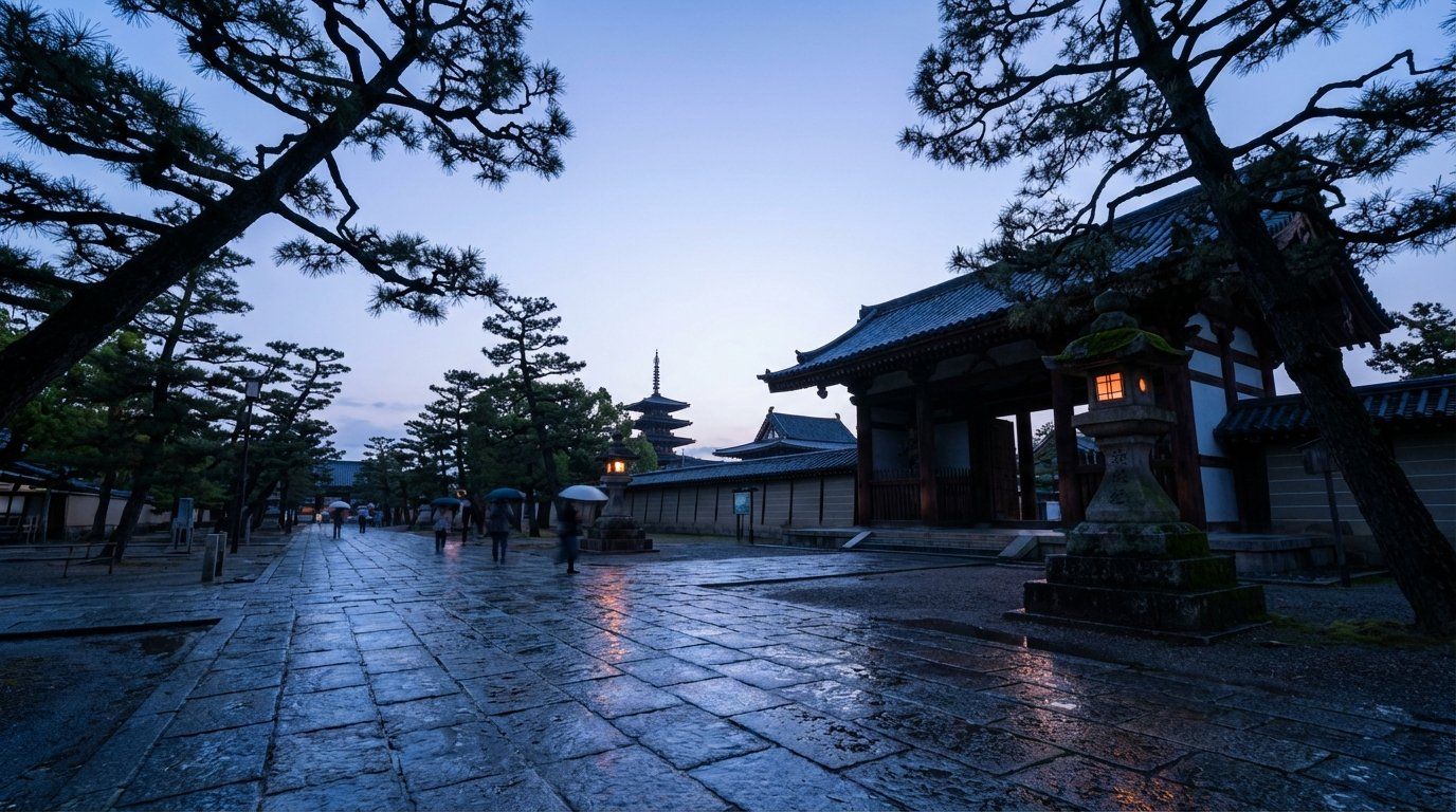 Pre-dawn view of Shitennoji's stone-paved outer grounds, soft blue twilight reflecting off wet flagstones, ancient pine trees silhouetted against the lightening sky, a stone lantern glowing faintly near the South Gate