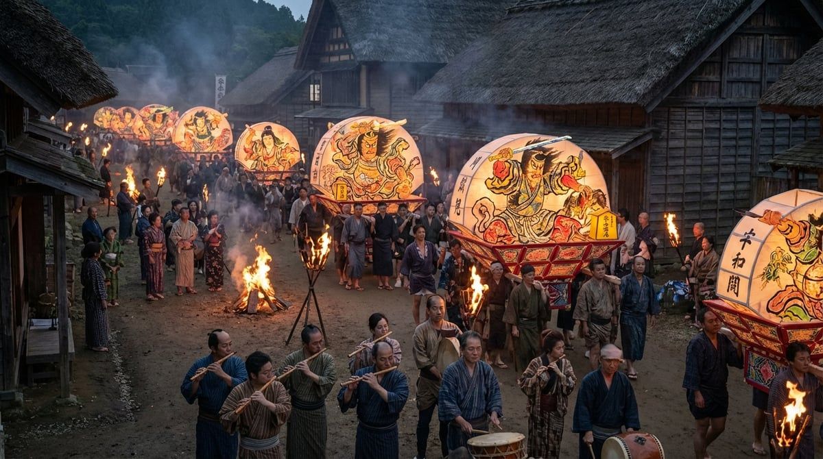 Historical scene of Nebuta Matsuri origins in Aomori City, ancient ceremony with traditional procession, warm golden light, atmospheric
