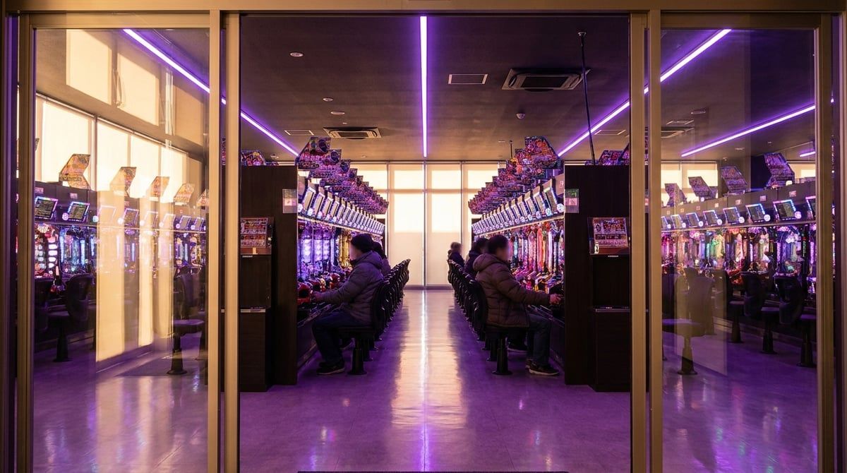 Wide interior shot from the entrance — long aisles of vertical pachinko cabinets, soft purple LED lighting overhead, a few players' backs in mid-distance, sense of scale and slight visual overwhelm.