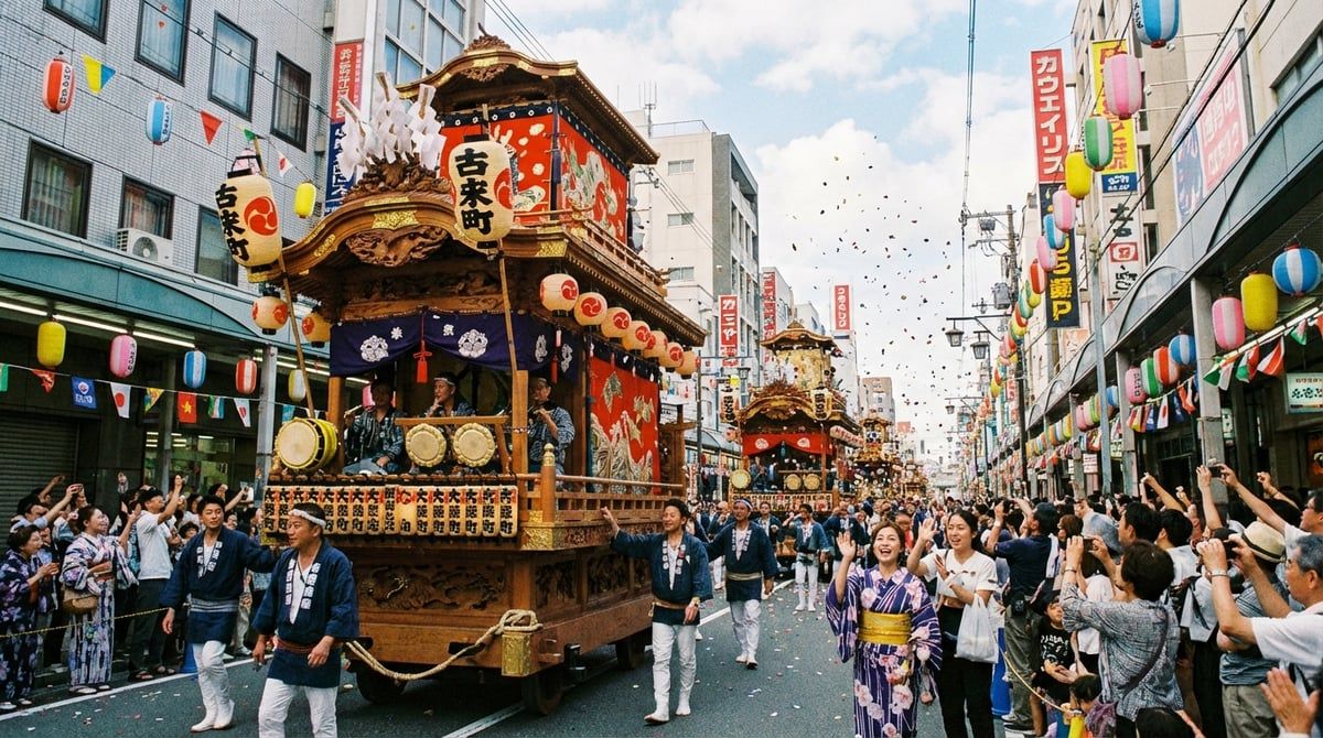 Japanese festival parade with decorated floats moving through streets of Osaka, excited crowds watching from sidewalks, festive atmosphere, vibrant colors