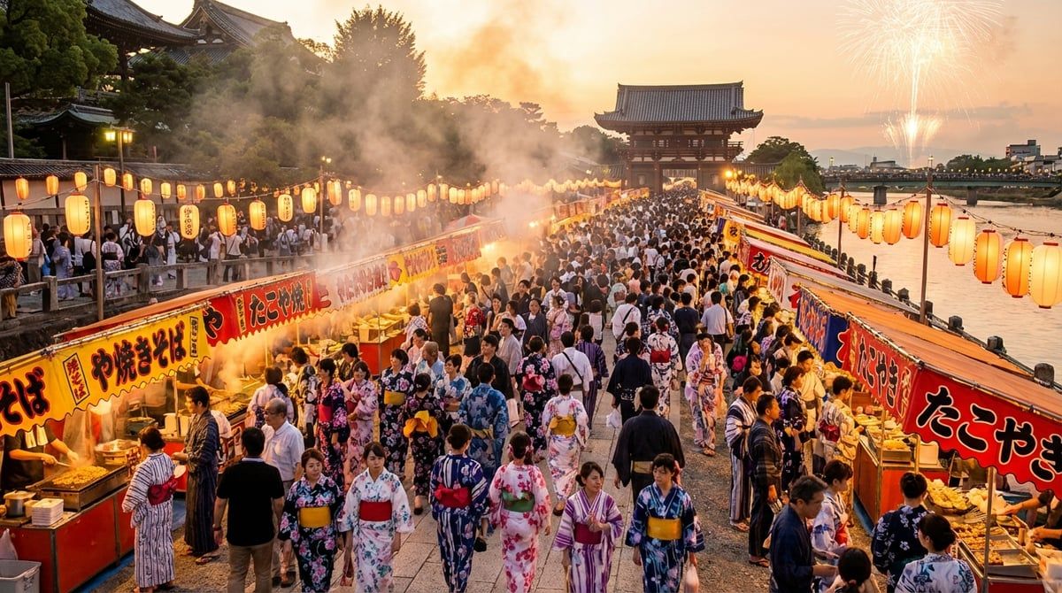 Japanese summer festival atmosphere in Japan, people in colorful yukata, festival stalls with lanterns, warm summer evening