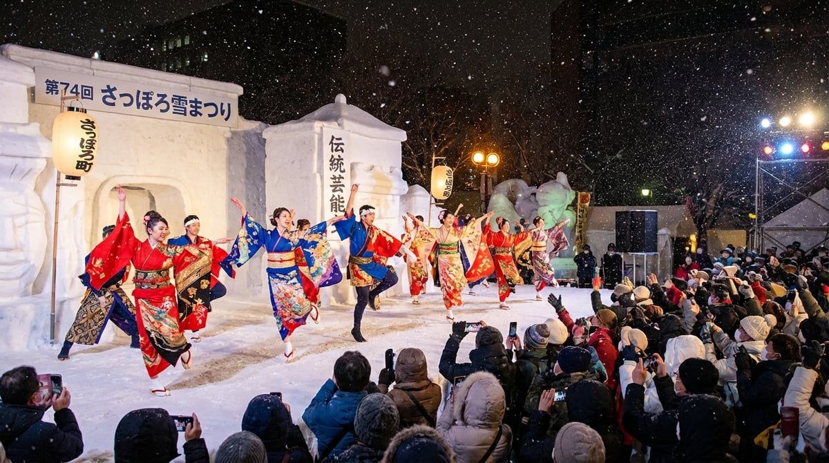 Dancers performing at Sapporo Snow Festival in Sapporo, traditional costumes with vivid colors, energetic movement, crowd cheering