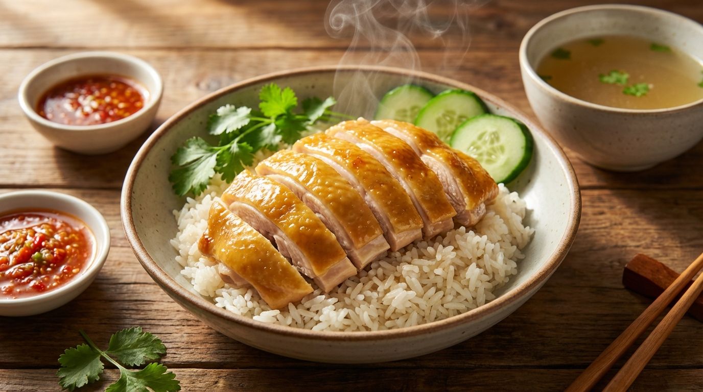 完美摆盘的泰式鸡肉饭碗，金黄色的鸡肉和茉莉花饭，蒸汽仍在升腾