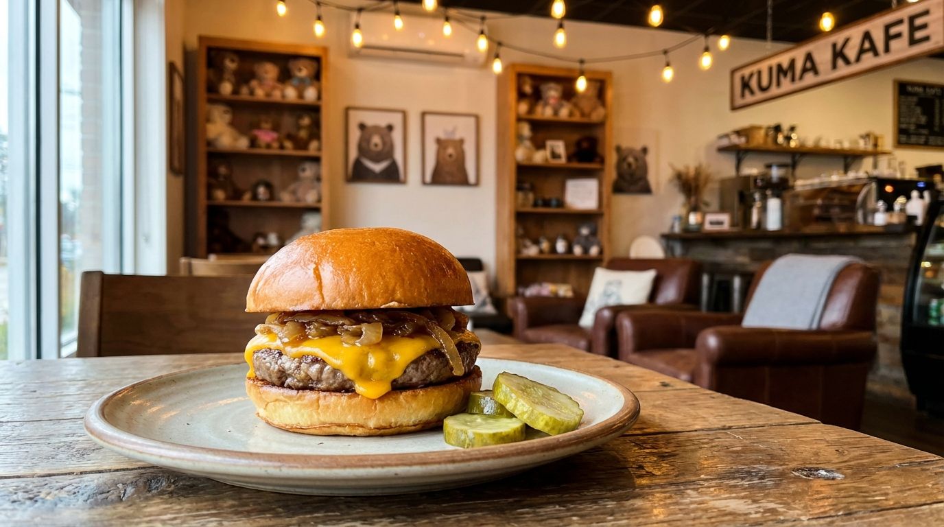 녹는 치즈가 올라간 아름답게 플레이팅된 수제 버거와 수제 번, 곰 장식이 있는 아늑한 Kuma Kafe 내부 배경