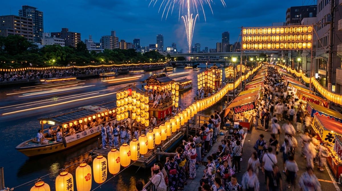 Tenjin Matsuri at night in Osaka (Kita-ku), illuminated floats and paper lanterns casting warm glow, magical atmosphere, summer evening