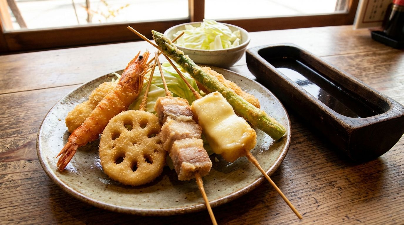 Close-up of a plate of assorted kushikatsu skewers showing various ingredients — shrimp, lotus root, pork, cheese, asparagus — with their perfectly golden battered coats, a bowl of shredded cabbage and the communal worcestershire sauce trough visible