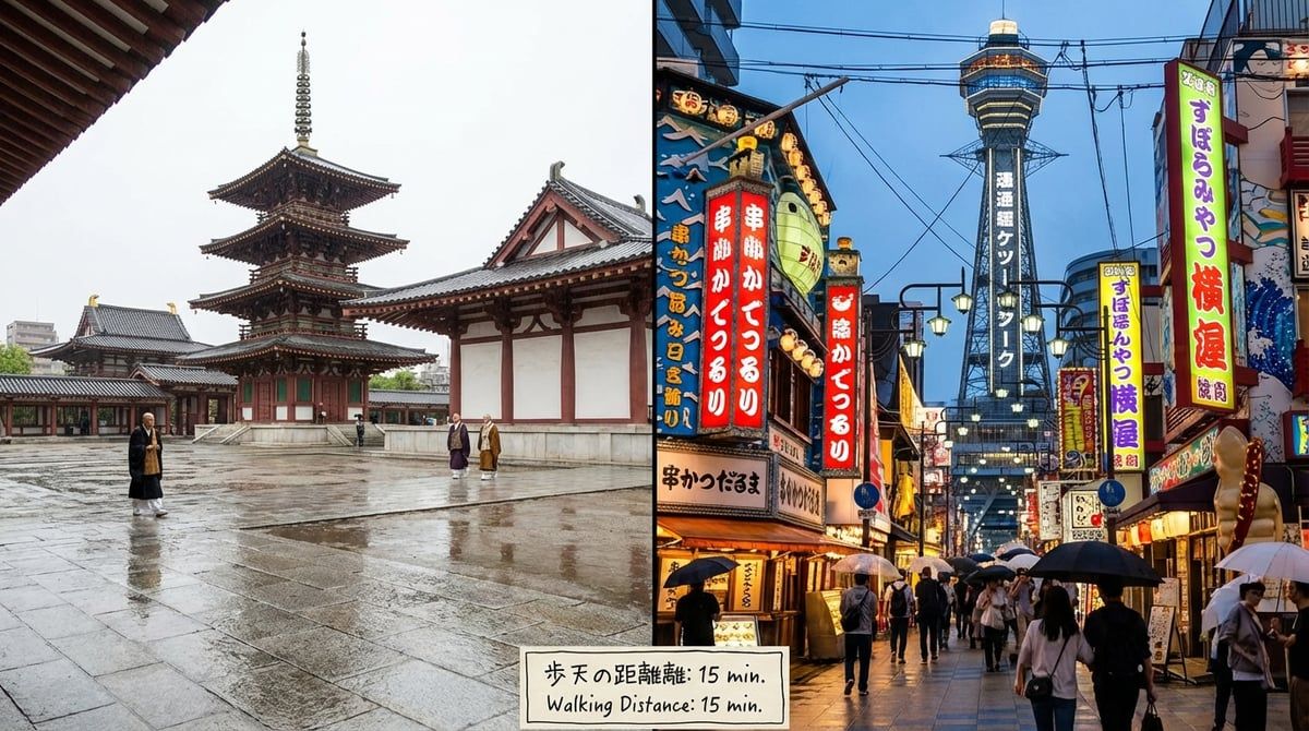 Illustrated map showing the Tennoji area highlights — Shitennoji Temple in the upper right, Tsutenkaku Tower and Shinsekai in the center-left, Abeno Harukas in the lower center, Tennoji Park connecting them, with walking paths marked between key spots