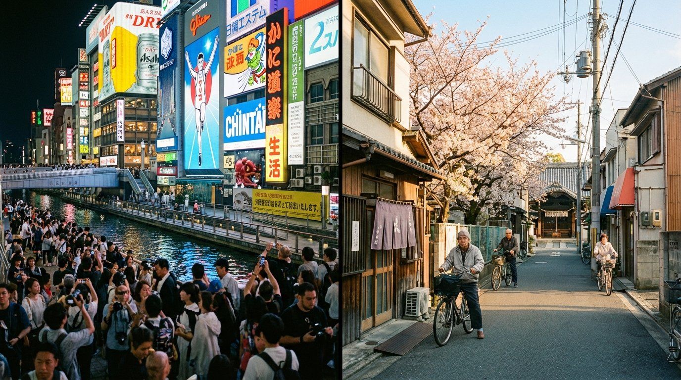 Split view showing the contrast between crowded neon-lit Dotonbori tourist area on the left and a peaceful Tennoji neighborhood street with local shops and morning light on the right, emphasizing the different travel experiences