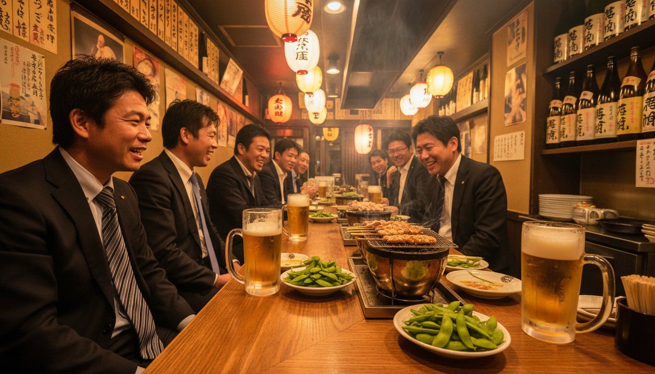 A warm, narrow izakaya interior near Tennoji station — counter seats filled with salarymen loosening their ties, small plates of edamame and grilled skewers on the counter, golden beer in glasses, soft warm lighting from paper lanterns