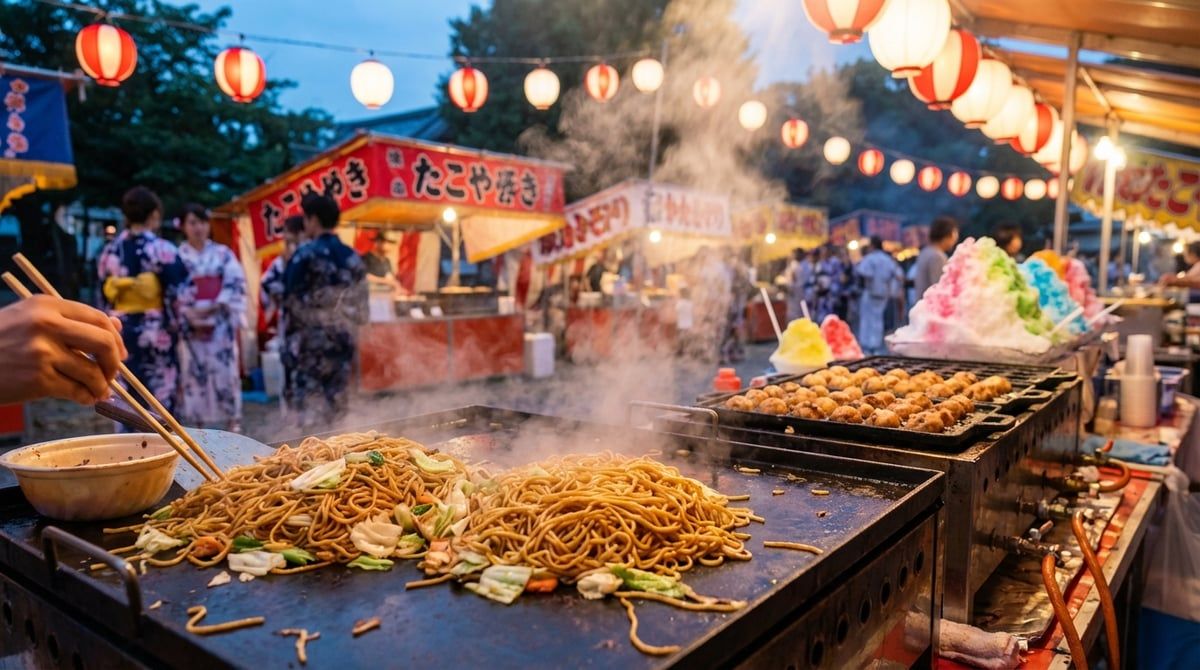 Festival food stalls at Japanese festival in Japan, yakisoba sizzling on griddle, takoyaki and kakigori, lantern-lit evening, steam rising