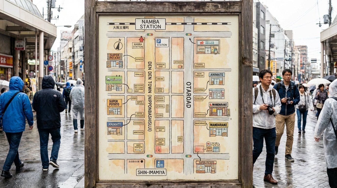 An illustrated-style map overview of the Nipponbashi area showing the two parallel streets — Den Den Town (Nipponbashisuji on Sakai-suji) on the east and Otaroad on the west, with key shops marked, Namba Station at the north and Shin-Imamiya at the south