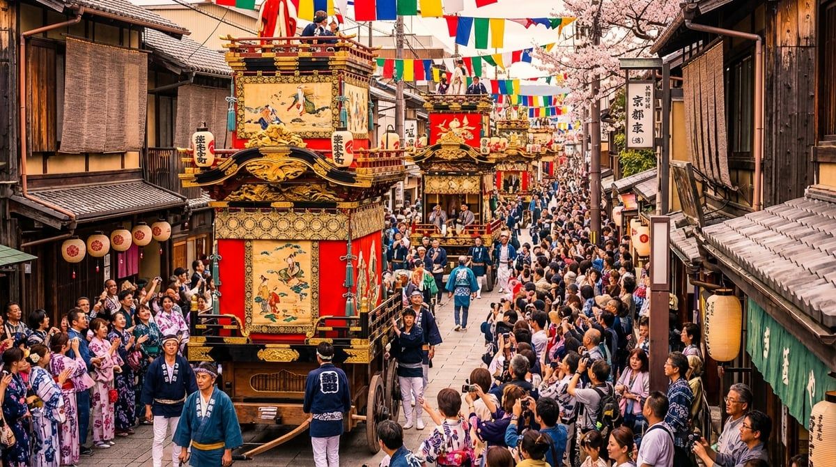 Japanese festival parade with decorated floats moving through streets of Kyoto, excited crowds watching from sidewalks, festive atmosphere, vibrant colors