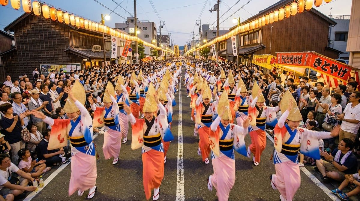 Dancers performing at Awa Odori in Tokushima City, traditional costumes with vivid colors, energetic movement, crowd cheering