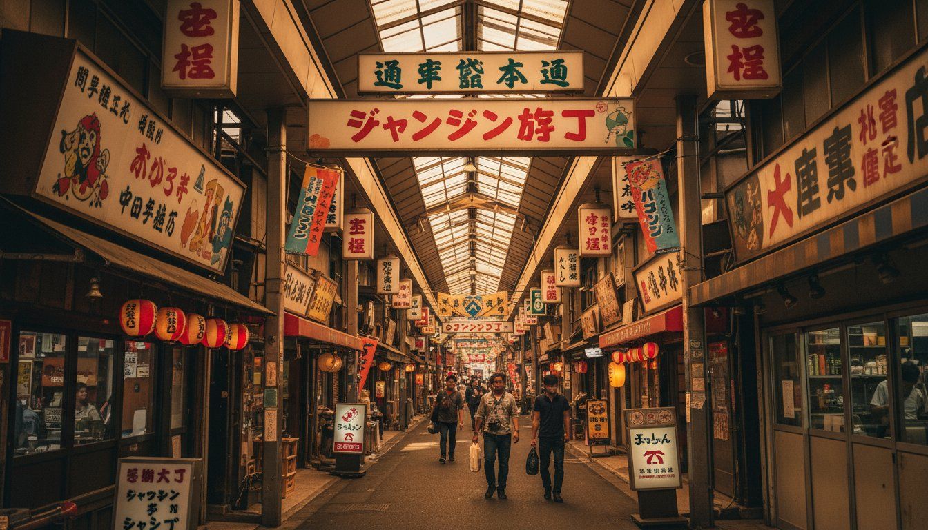 The covered entrance arch of Janjan Yokocho arcade with its vintage signage, looking down the narrow corridor — tiny bars and shops line both sides, soft light filtering through the arcade roof, a few locals visible walking through