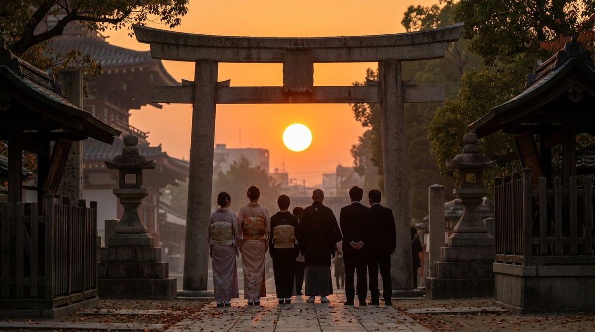 Autumn equinox sunset directly through the west stone torii gate of Shitennoji temple, Osaka, silhouetted figures watching, orange sky