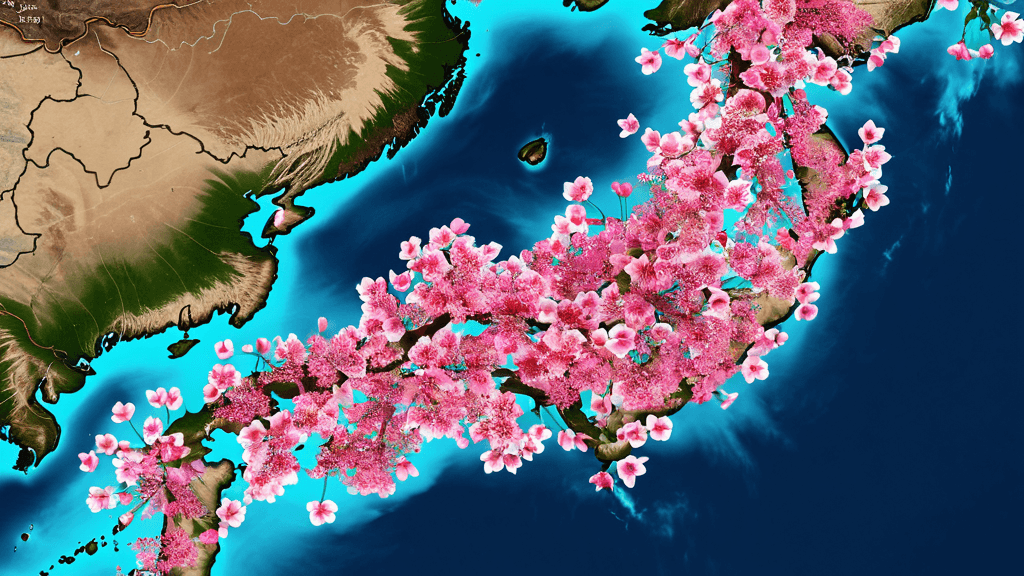 Long stretch of cherry trees lining the Okawa River with people walking beneath