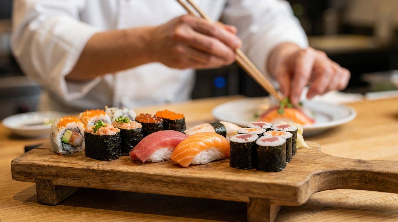 나무 도마 위의 신선한 스시 피스 클로즈업, 배경에 셰프의 손
