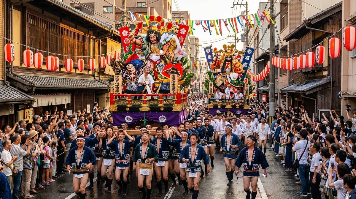 Hakata Gion Yamakasa parade with decorated floats moving through streets of Fukuoka, excited crowds watching from sidewalks, festive atmosphere, vibrant colors