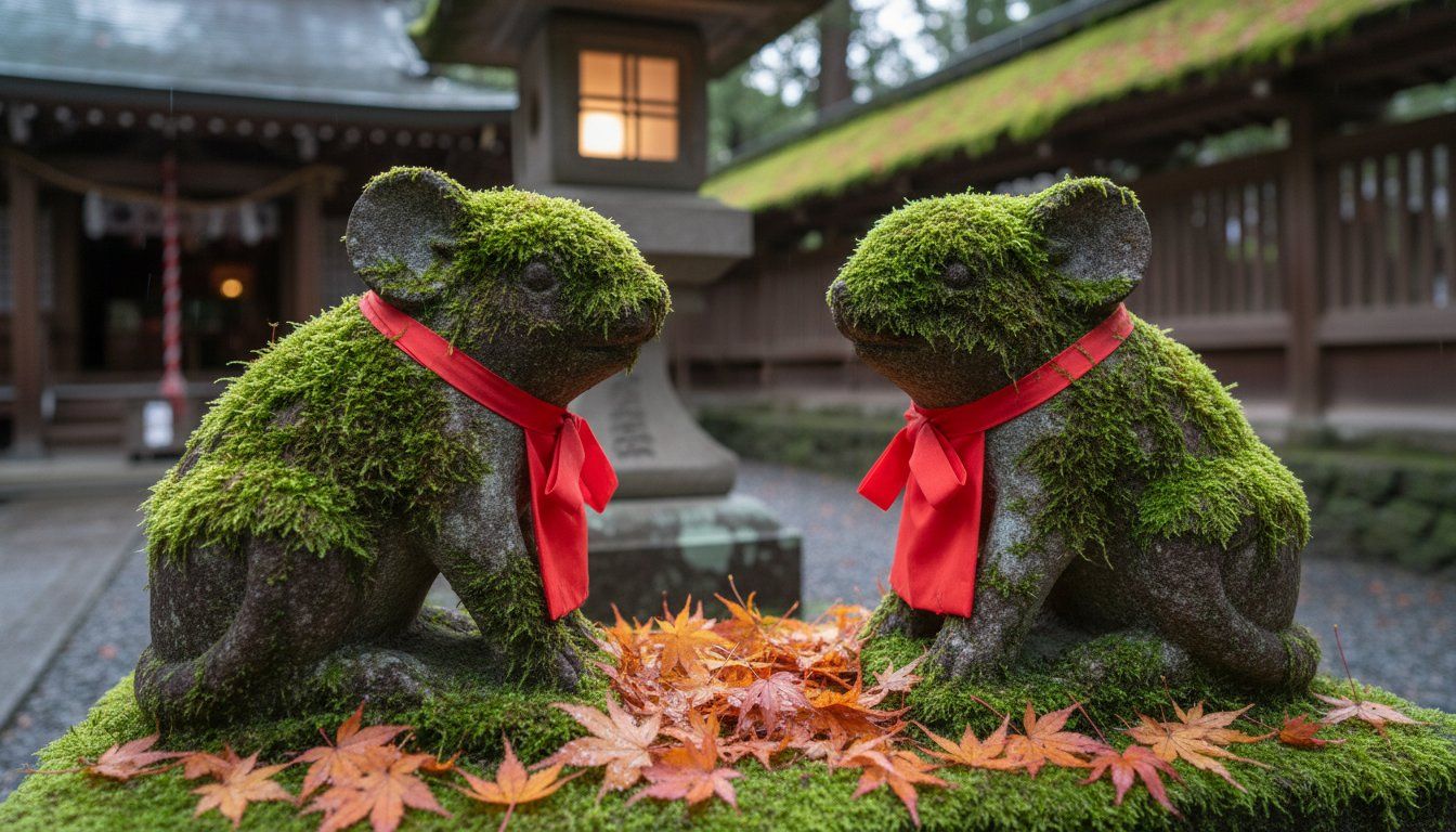 Close-up of the famous mouse guardian statues at Otoyo Shrine, adorned with small red offerings, surrounded by green moss and fallen maple leaves
