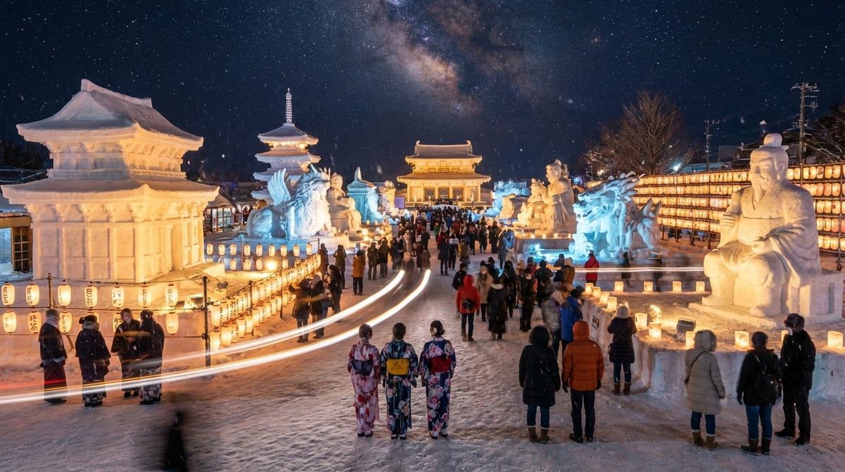 Japanese festival winter scene in Japan, elaborate snow and ice sculptures illuminated at night, crisp atmosphere, visitors bundled in warm clothes