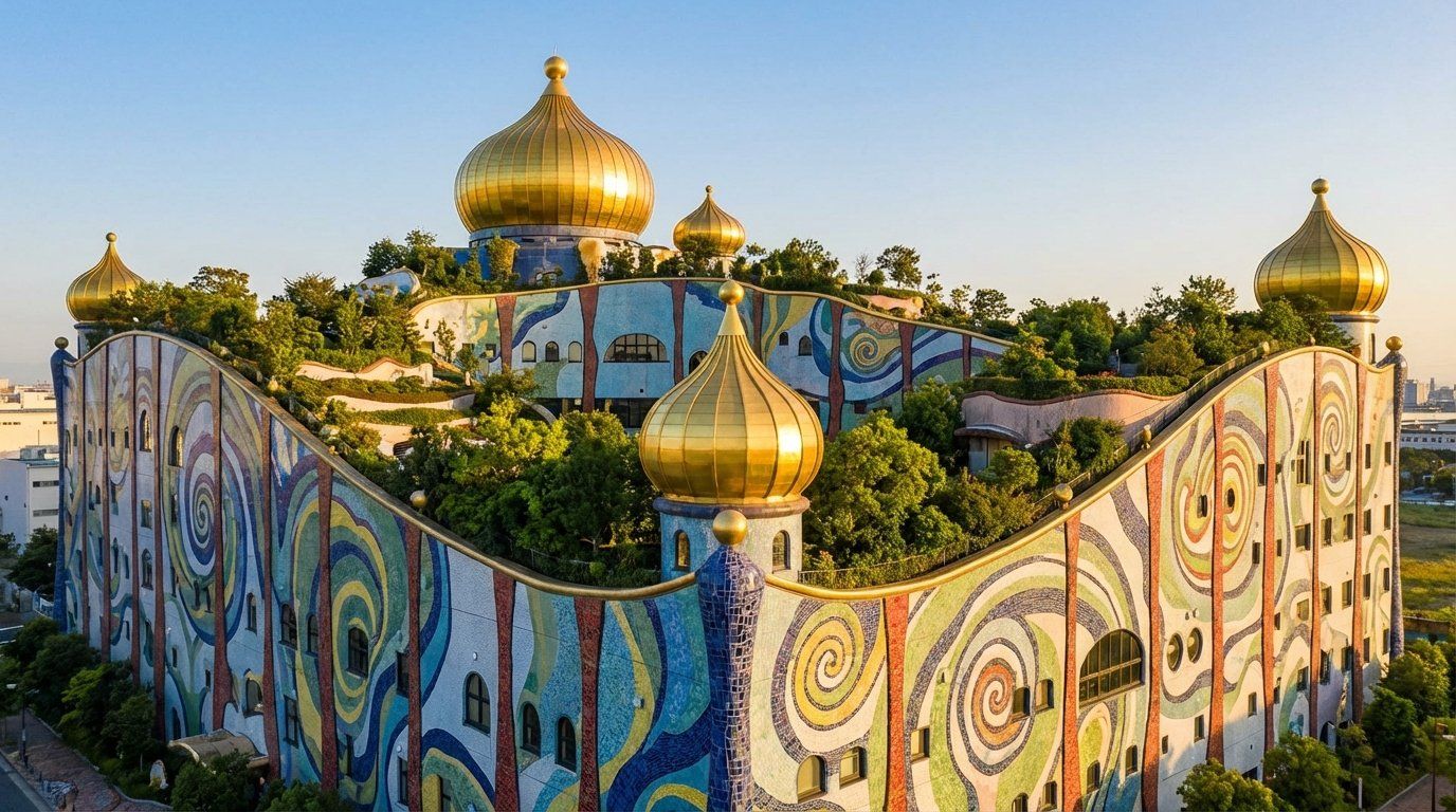 The exterior of the Maishima Incineration Plant with its wildly colorful facade of curved lines, golden onion domes, mosaic patterns, and rooftop vegetation, not a single straight line visible on the entire building, against a clear blue sky