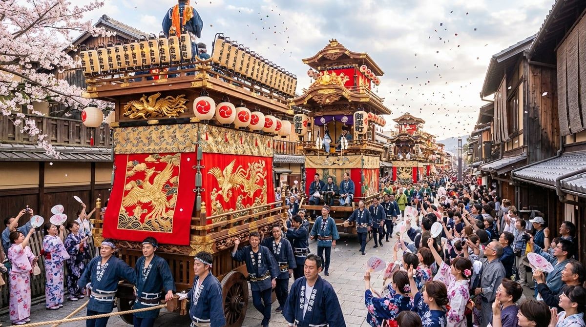Japanese festival parade with decorated floats moving through streets of Japan, excited crowds watching from sidewalks, festive atmosphere, vibrant colors