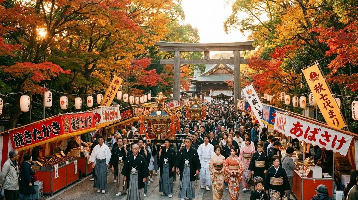 Autumn festival in Japan, vibrant red and gold maple leaves, traditional harvest celebration, warm afternoon light