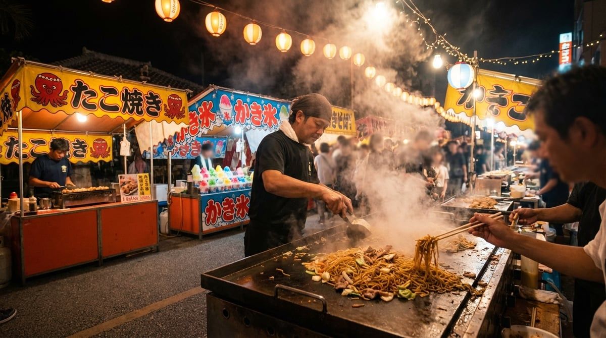 Festival food stalls at Eisa Festival in Okinawa (various), yakisoba sizzling on griddle, takoyaki and kakigori, lantern-lit evening, steam rising