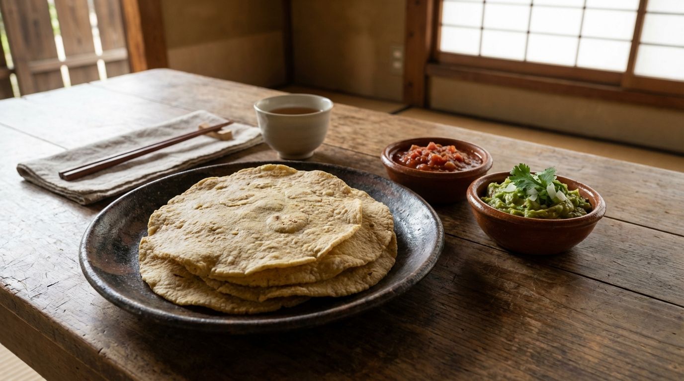 전통 살사와 과카몰레와 함께 접시에 쌓인 수제 옥수수 토르티야 클로즈업