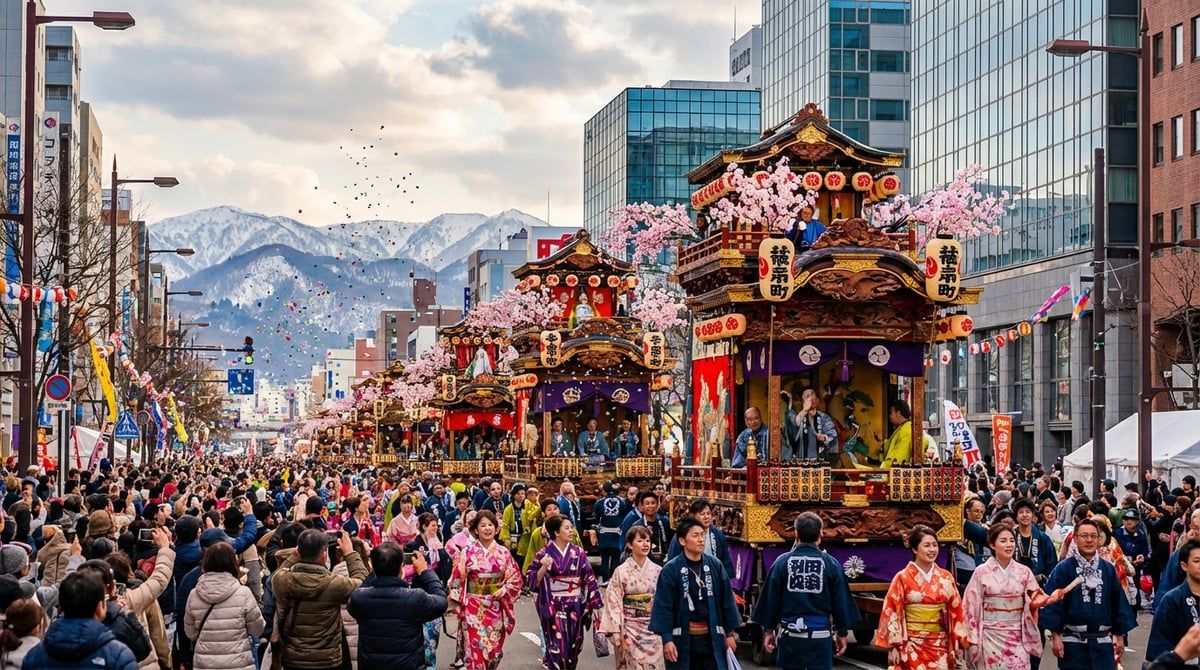 Japanese festival parade with decorated floats moving through streets of Sapporo, excited crowds watching from sidewalks, festive atmosphere, vibrant colors
