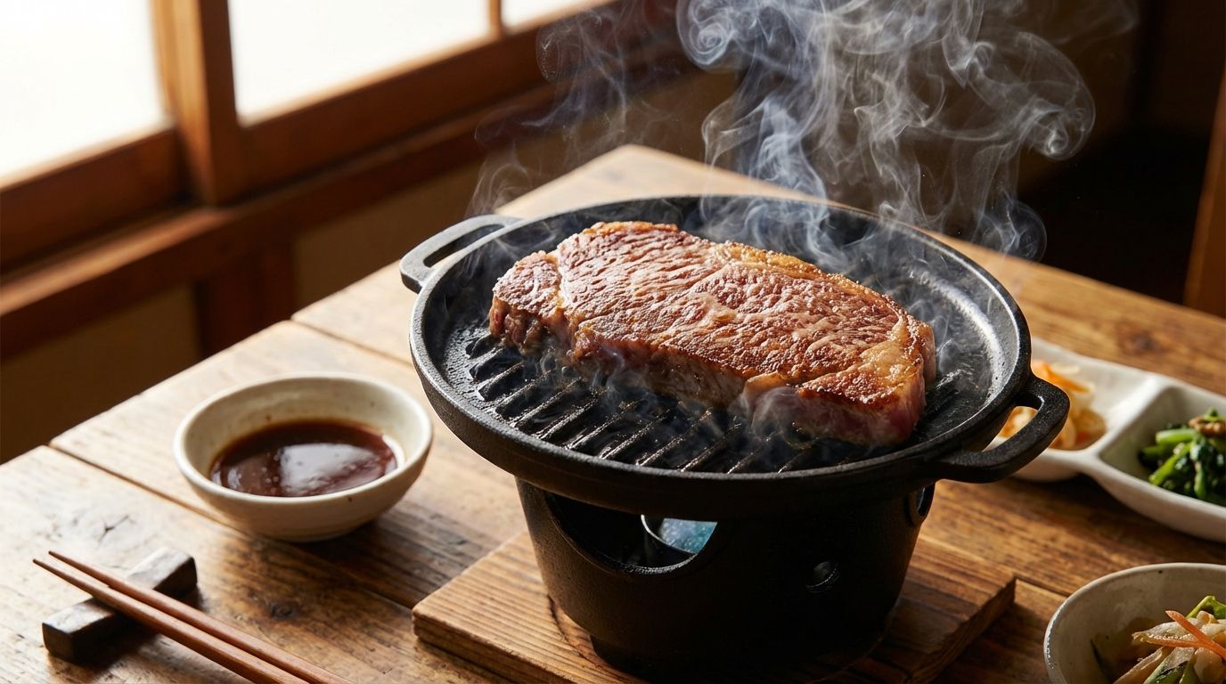 Cốt lết bò wagyu xèo xèo trên vỉ nướng cá nhân tại bàn, hơi bốc lên, kèm sốt chấm