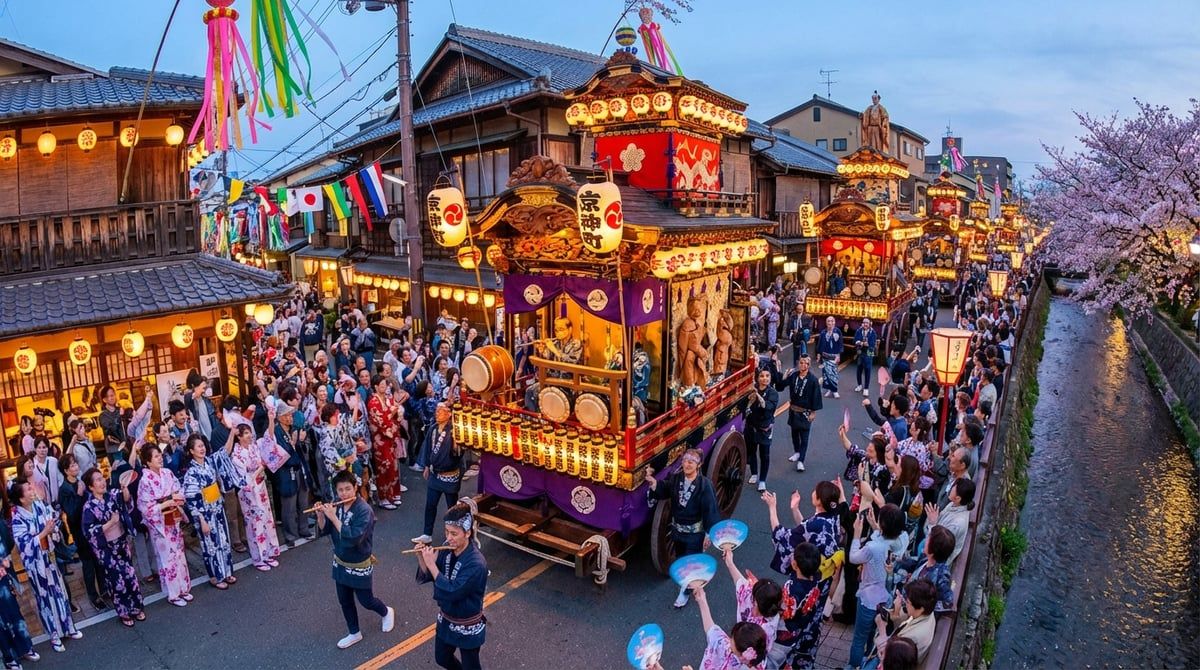 Japanese festival parade with decorated floats moving through streets of Japan, excited crowds watching from sidewalks, festive atmosphere, vibrant colors