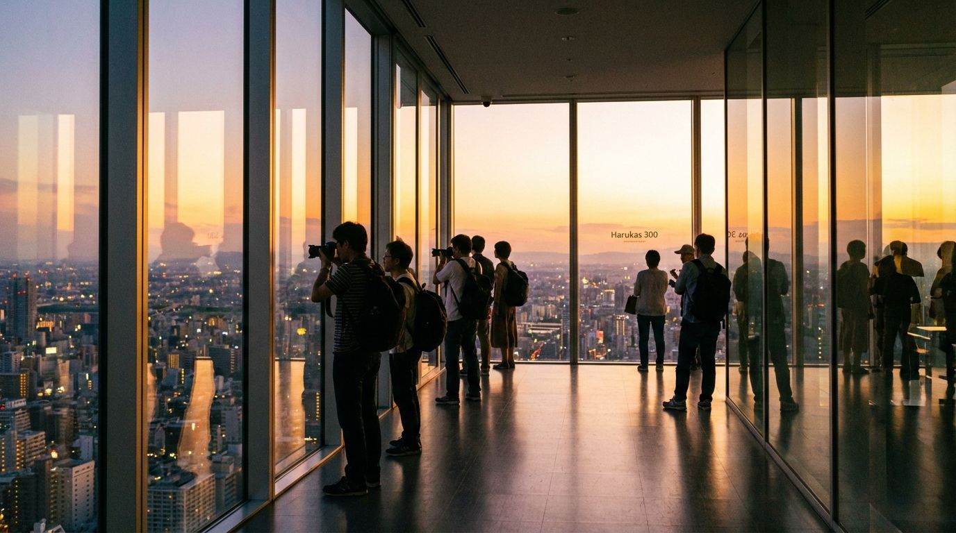 Panoramic sunset view from the Harukas 300 observation deck, city lights beginning to appear below, warm golden light flooding through floor-to-ceiling windows with a few silhouetted visitors