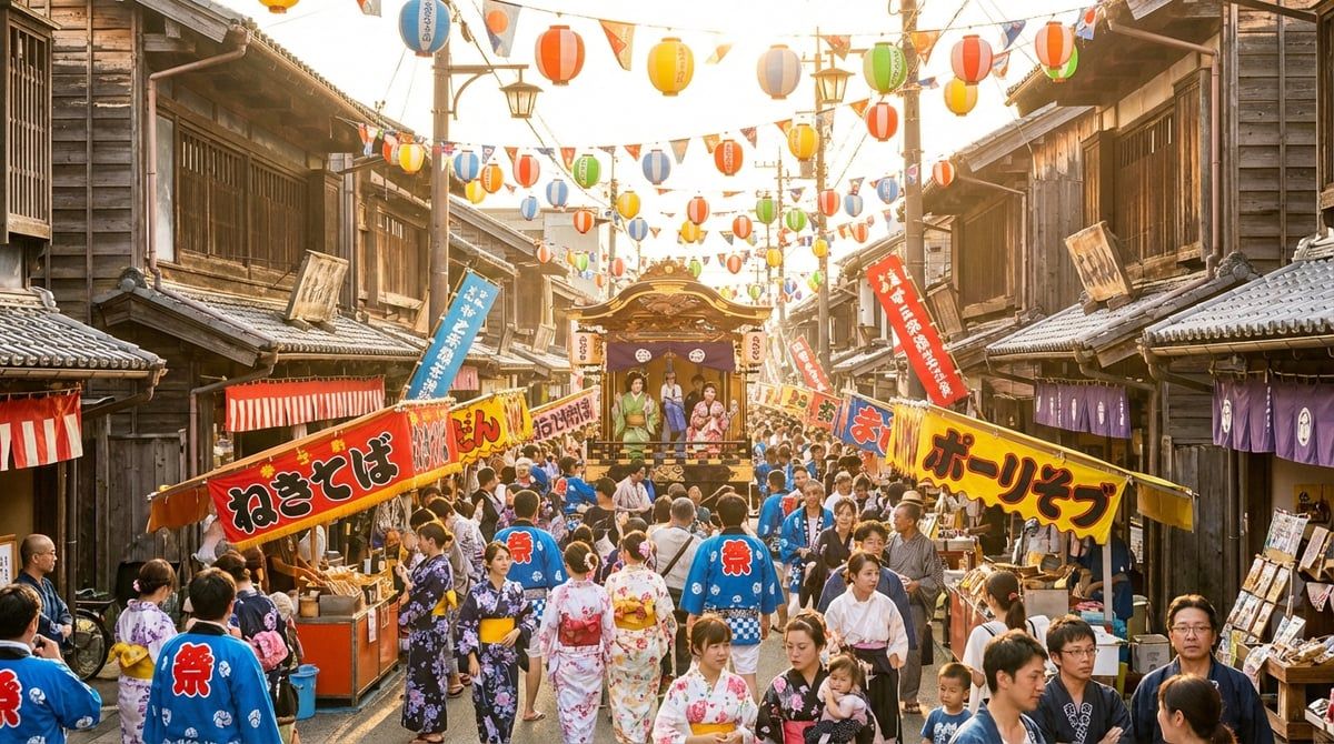 Vibrant Japanese festival scene in Japan, colorful festival decorations along traditional streets, bustling daytime atmosphere