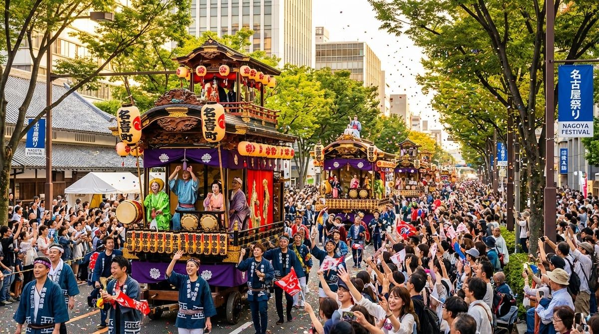 Nagoya Festival parade with decorated floats moving through streets of Nagoya, excited crowds watching from sidewalks, festive atmosphere, vibrant colors