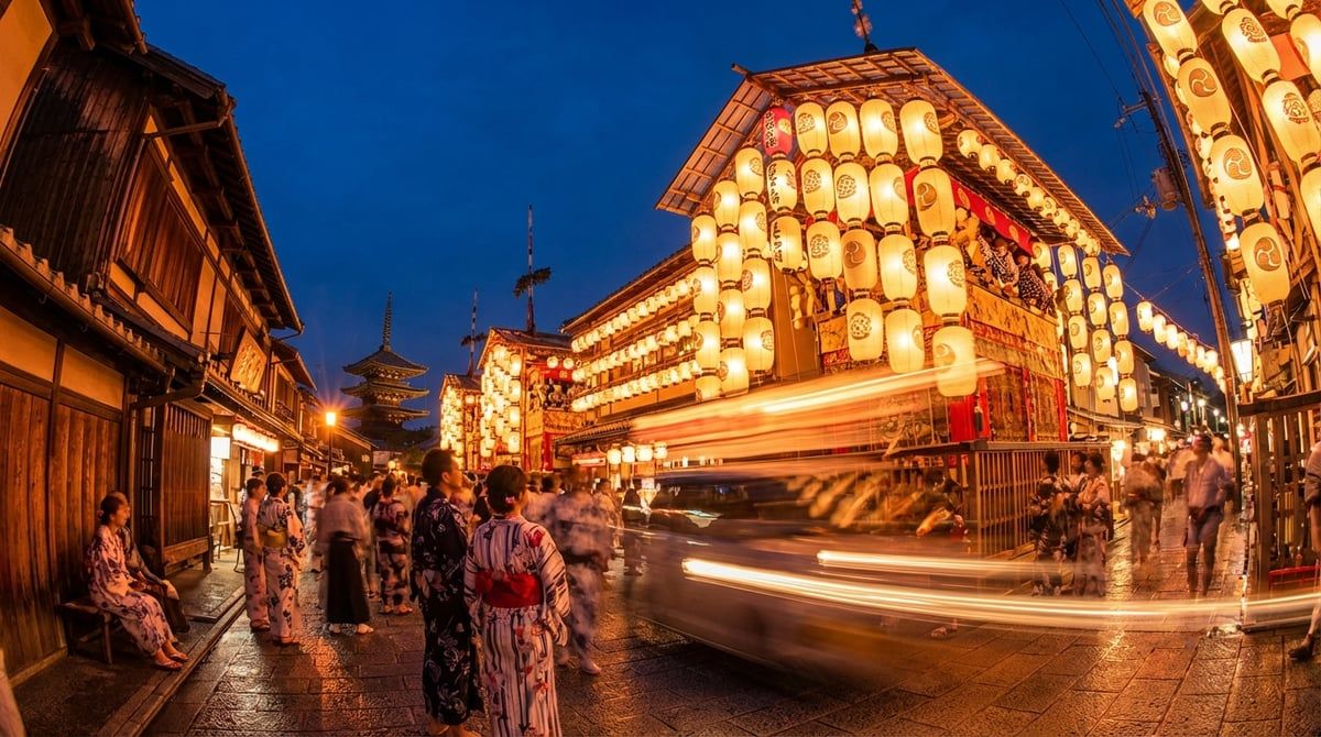 Japanese festival at night in Japan, illuminated floats and paper lanterns casting warm glow, magical atmosphere, summer evening
