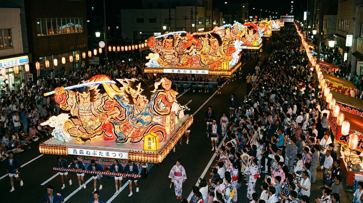 Japanese festival parade with decorated floats moving through streets of Aomori, excited crowds watching from sidewalks, festive atmosphere, vibrant colors
