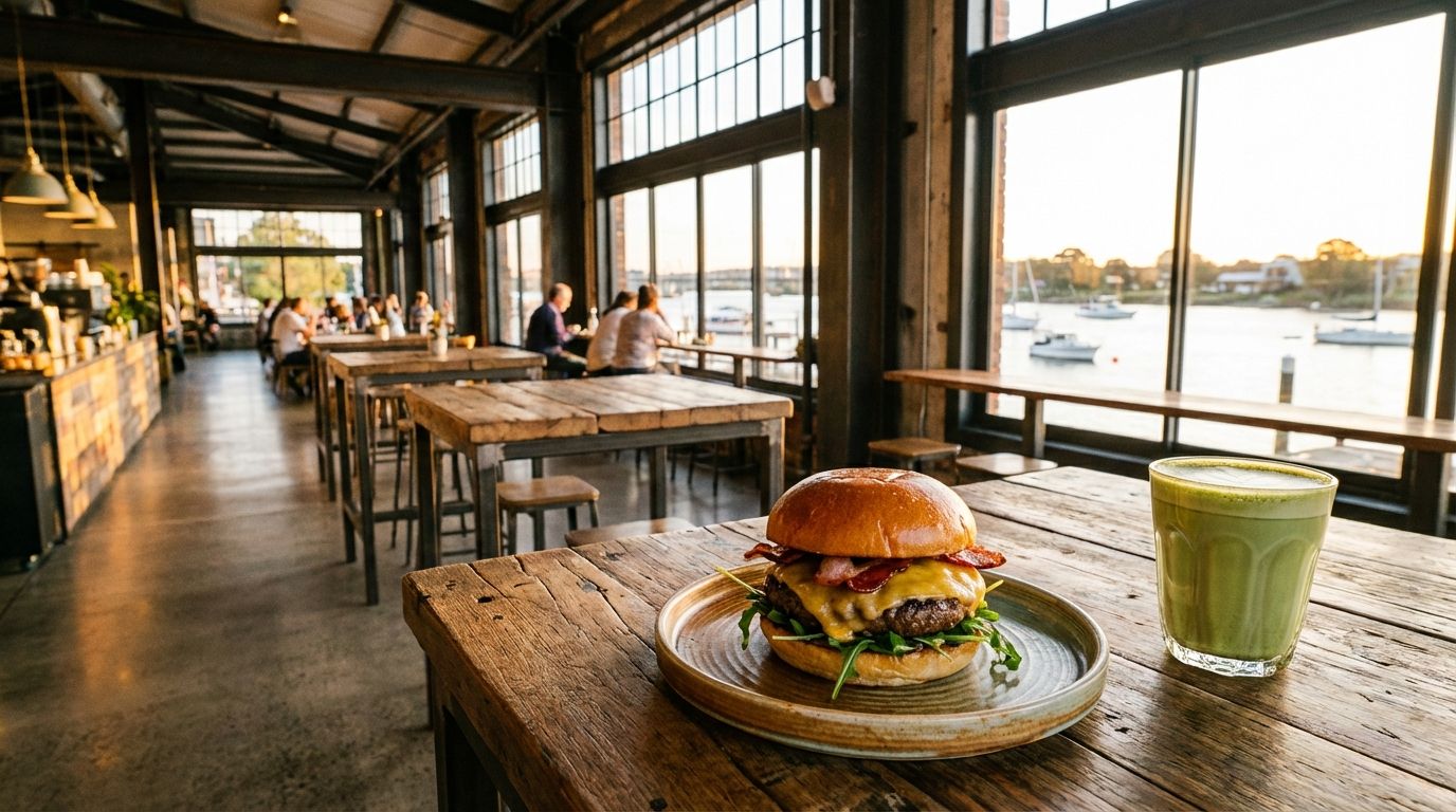 工业风设计的现代河畔咖啡馆，和牛汉堡配抹茶拿铁摆在木桌上