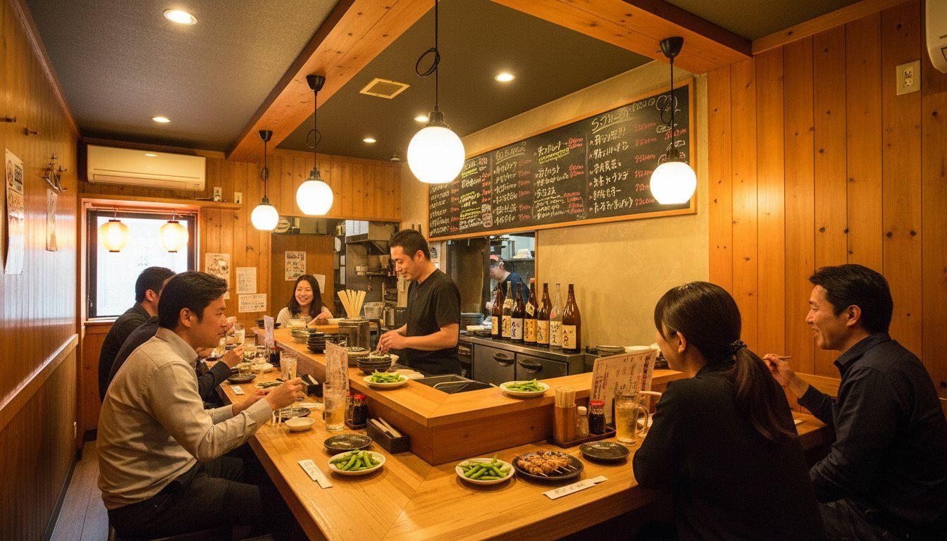 Interior of a welcoming mid-sized izakaya with warm wood paneling, a long counter where solo diners sit alongside pairs, small plates of edamame and grilled chicken visible on the counter, a chalkboard menu on the wall, soft golden lighting