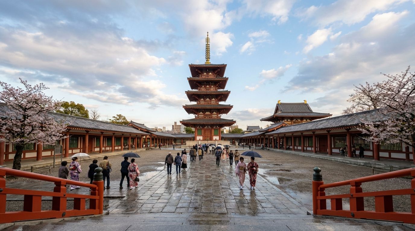 Wide-angle view from the South Gate looking north, showing the perfectly symmetrical Shitennoji layout — the vermillion five-story pagoda centered in the frame, the Kondo main hall behind it, covered wooden corridors extending on both sides, pilgrims walking along the stone path toward the pagoda