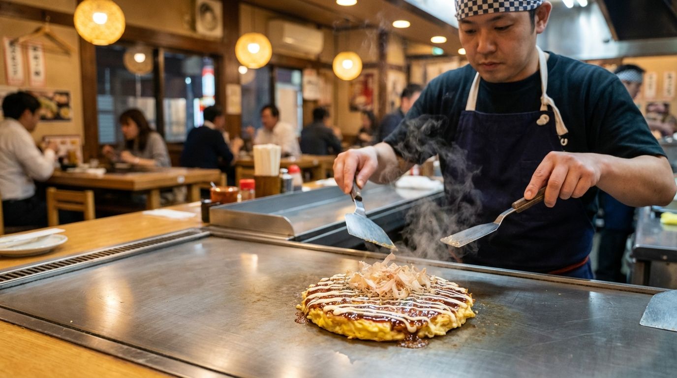 A finished okonomiyaki on a hot teppan grill, its surface painted with crisscrossed mayonnaise and dark sauce, bonito flakes waving, steam rising into the warm restaurant light while a chef holds two metal spatulas