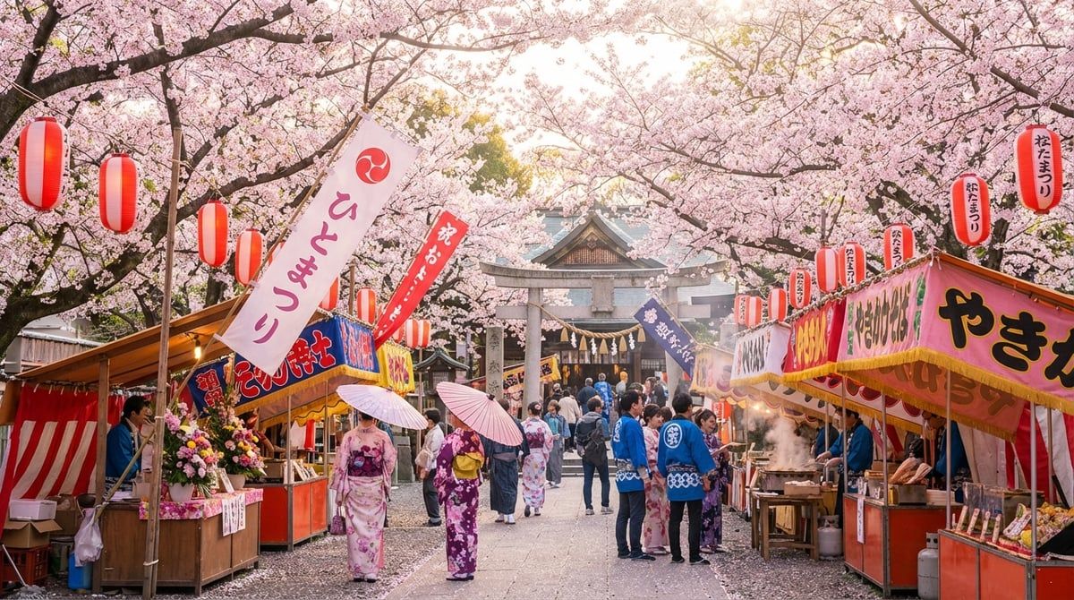 Spring festival scene in Japan, cherry blossoms framing traditional festival decorations, soft pink petals, gentle sunlight