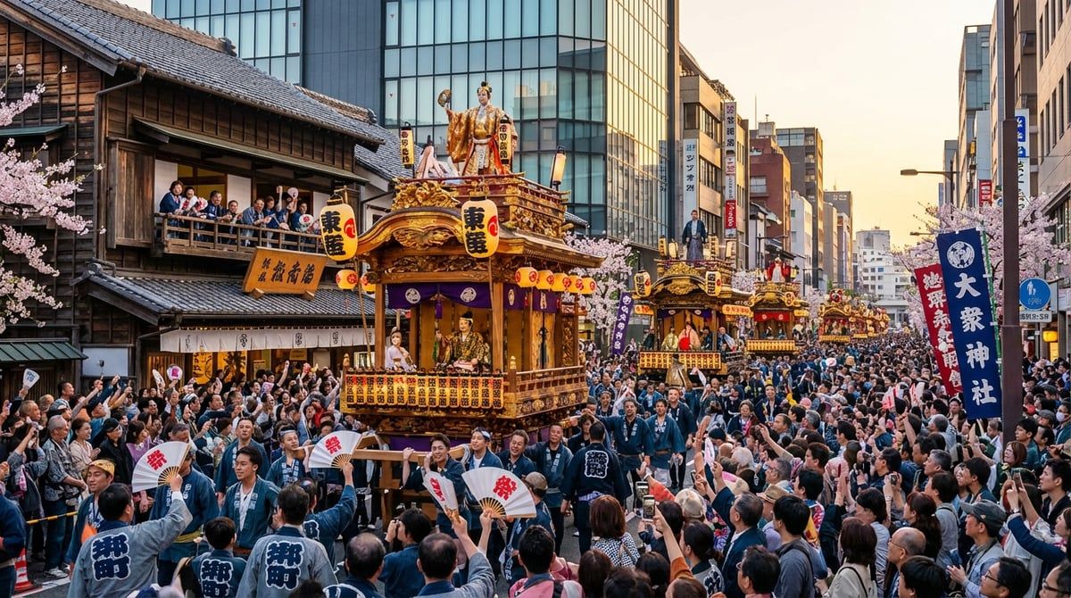 Japanese festival parade with decorated floats moving through streets of Tokyo, excited crowds watching from sidewalks, festive atmosphere, vibrant colors