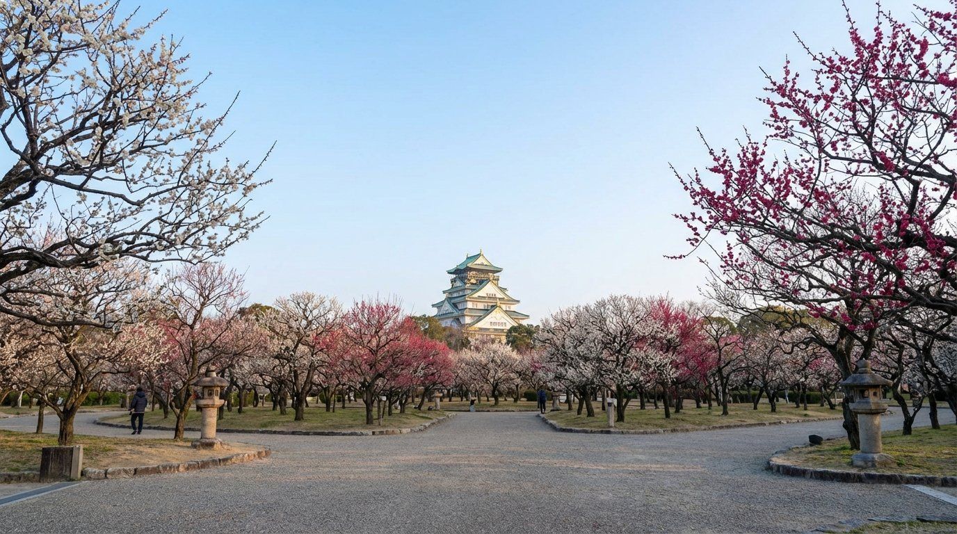 Wide-angle view of the Osaka Castle Plum Grove in mid-bloom, rows of white, pink, and crimson ume trees stretching across the 1.7-hectare garden with Osaka Castle tower framed against a clear winter sky, a few visitors scattered along gravel paths between the blossoming trees