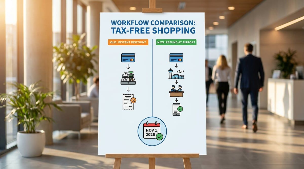 A clean infographic comparing the old "instant discount" workflow vs the new "refund at airport" workflow, with a calendar showing Nov 1, 2026