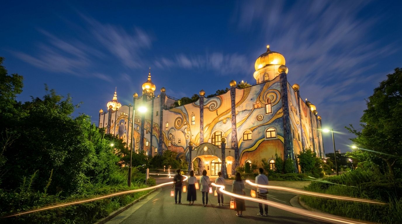 Morning light illuminating the Maishima Incineration Plant's fantastical facade of swirling colors and golden domes, a small group of visitors approaching the entrance, blue sky with wispy clouds, the surrounding greenery creating a contrast with the industrial function of the building