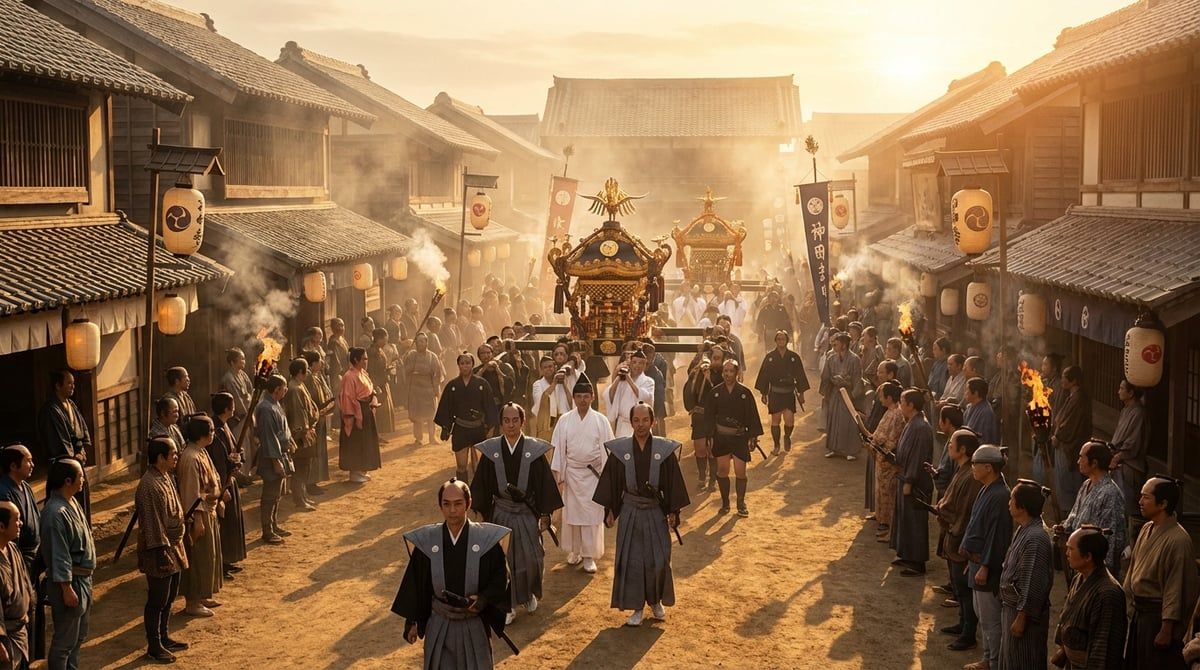 Historical scene of Kanda Matsuri origins in Tokyo (Chiyoda-ku), ancient ceremony with traditional procession, warm golden light, atmospheric