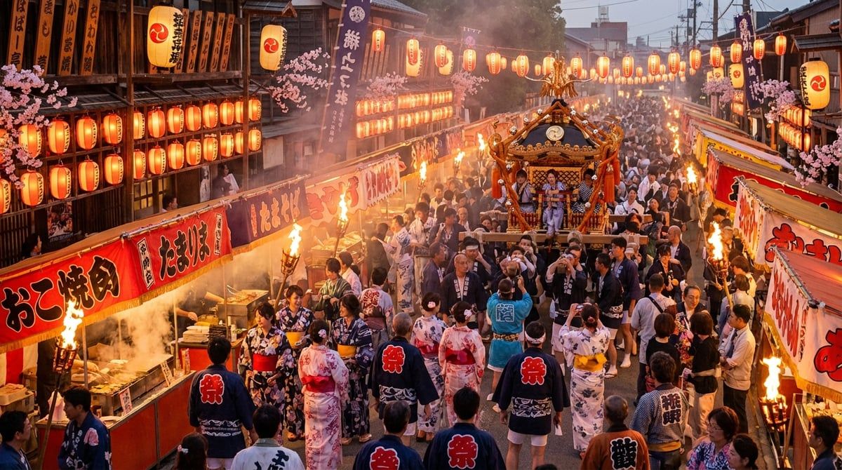 Beautiful scene from Japanese festival in Japan, traditional Japanese festival atmosphere, warm lighting, vibrant colors